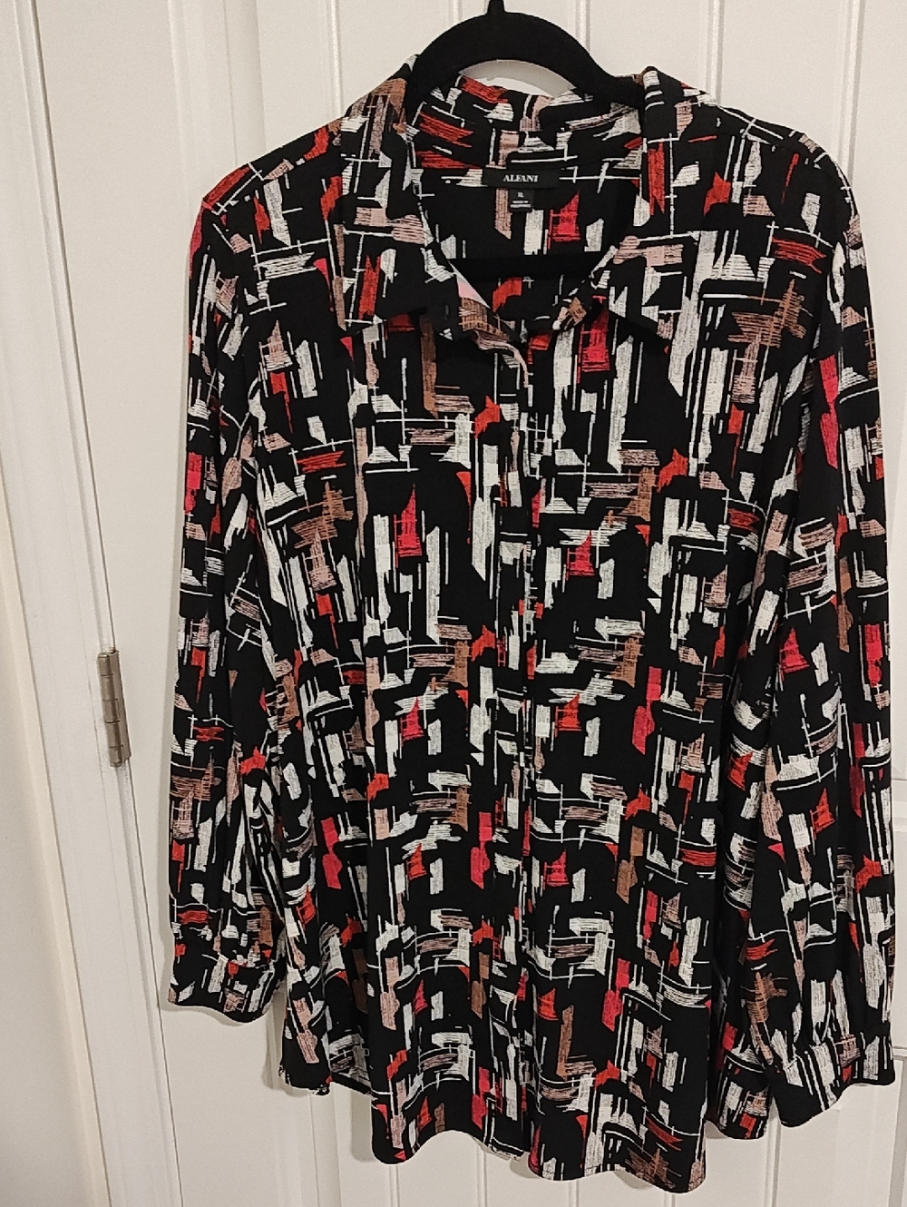 Women Alfani Black Abstract Brushstroke Button-Down Blouse XL